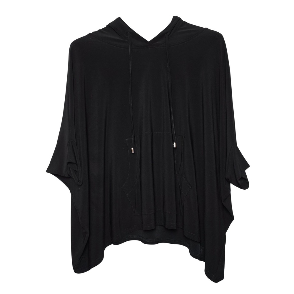 Joseph Ribkoff Hooded Poncho Top Solid Black Draped Kangaroo Pocket Size 6